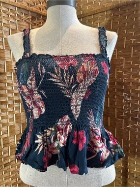 Patrons of Peace Smocked Floral Peplum Tank Top Navy Tropical Boho Medium Cami